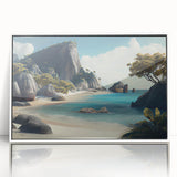 Art deco poster of a Fiji beach scene in muted blues and whites on framed acrylic, suitable for modern nursery wall decor.