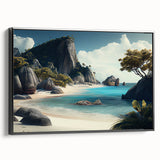 Framed canvas of a black and white vintage landscape painting of Oceania, Fiji, suitable for bedroom decor.