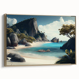 Framed canvas featuring a vintage-style landscape painting of the Fiji coastline in muted gold and black tones.