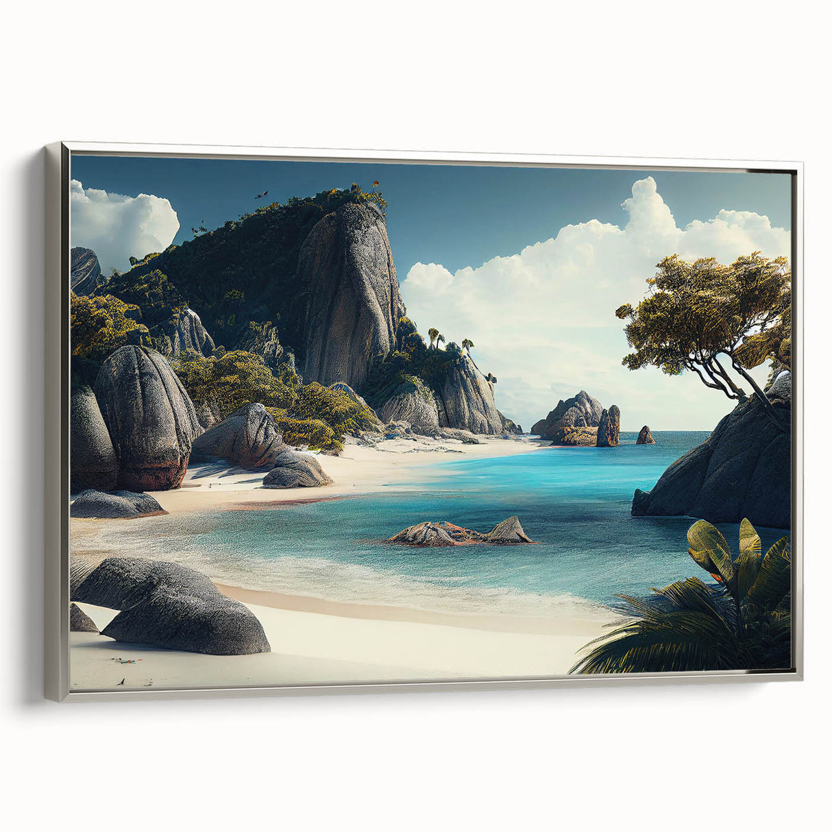 Framed canvas depicting a vintage-style landscape of the Fiji coastline, with vibrant blue and green tones.