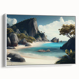 Vintage poster art of Oceania, Fiji scenery on framed canvas, featuring vibrant blues and greens.