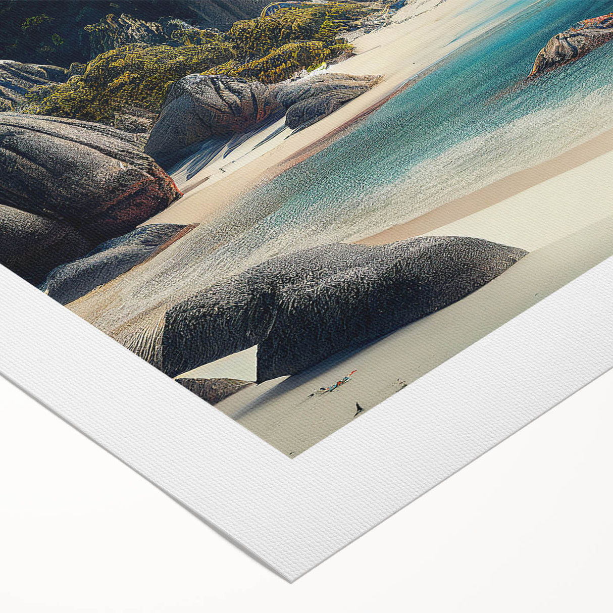 Art deco poster of a serene Fiji landscape in cool blue and green tones, printed on rolled canvas.
