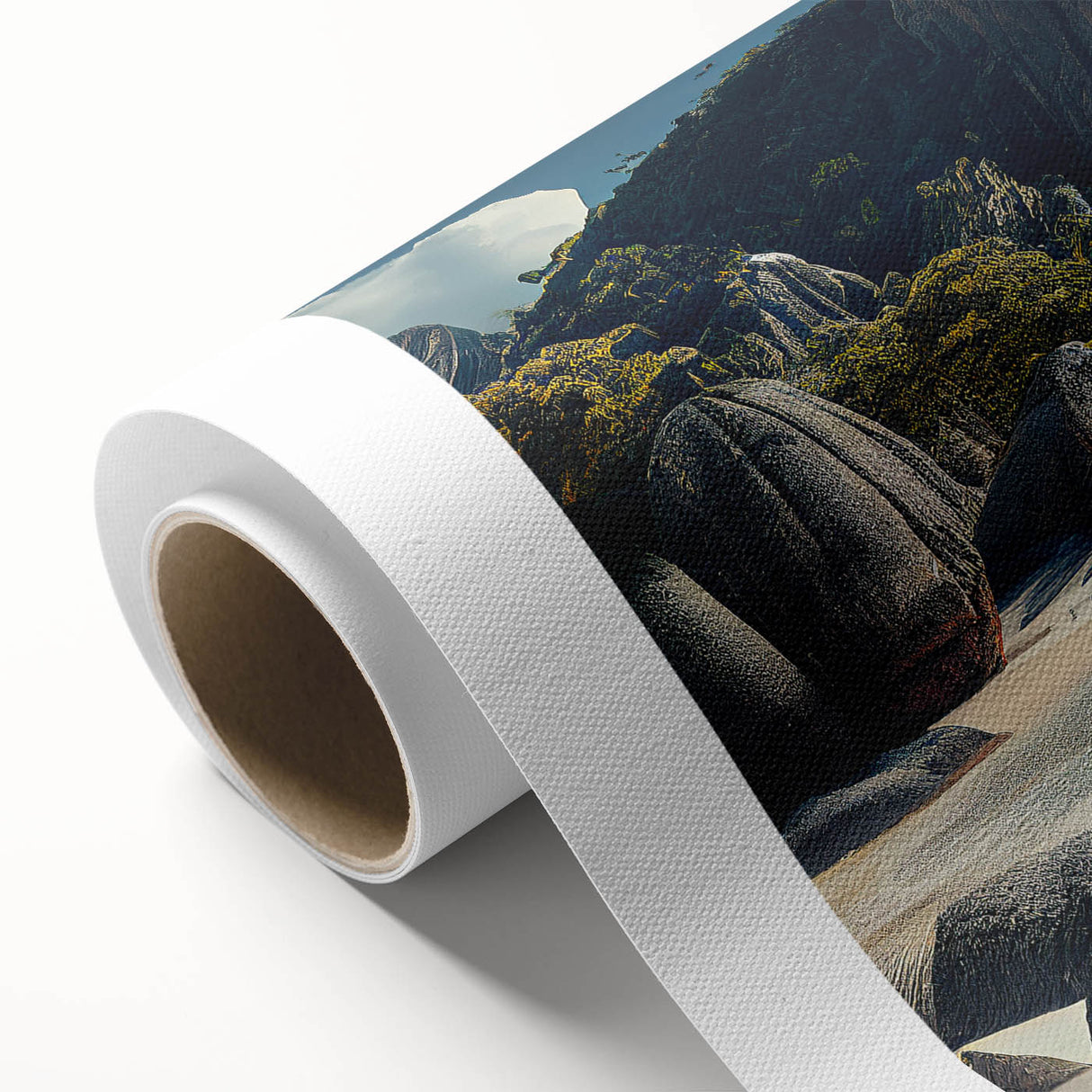 Art deco poster of a serene Fiji landscape on rolled canvas, featuring soft blue and green hues, ideal for nursery wall art.