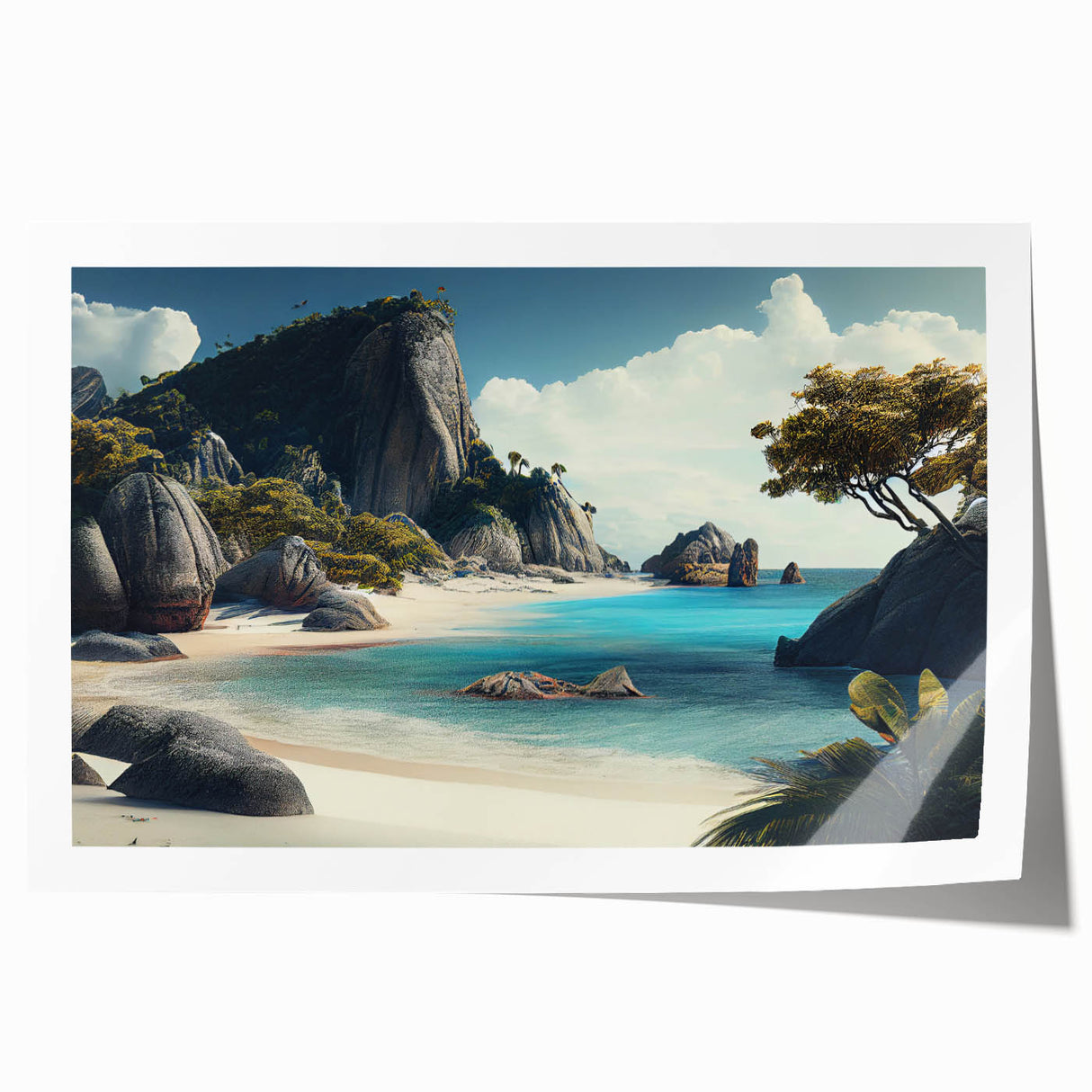 Extra large rolled print of a serene Fiji oceanscape in soft pastels, ideal for art wall dining room or bathroom.