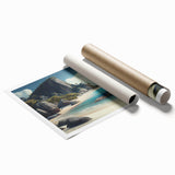 A serene oceanic scenery with vibrant blue and teal hues on a rolled canvas, ideal for classy bathroom wall art.