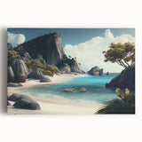 A large black and white stretched canvas featuring a serene Fiji beach scenery, ideal for kitchen wall art.