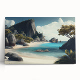 Black and white stretched canvas depicting a serene Fiji oceanic scenery, ideal for kitchen wall art or bedroom ambiance.