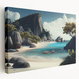 Side view of a stretched canvas featuring a serene Fiji beach scene in soft blue and sandy tones.