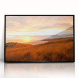 Large abstract wall art depicting the Canterbury, New Zealand scenery in muted earth tones, framed in black acrylic.