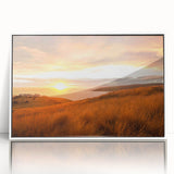 Art deco poster featuring Canterbury, New Zealand scenery in muted blue tones on framed acrylic.