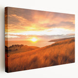 Side view of a stretched canvas featuring a serene Canterbury, New Zealand landscape in muted green and blue tones.