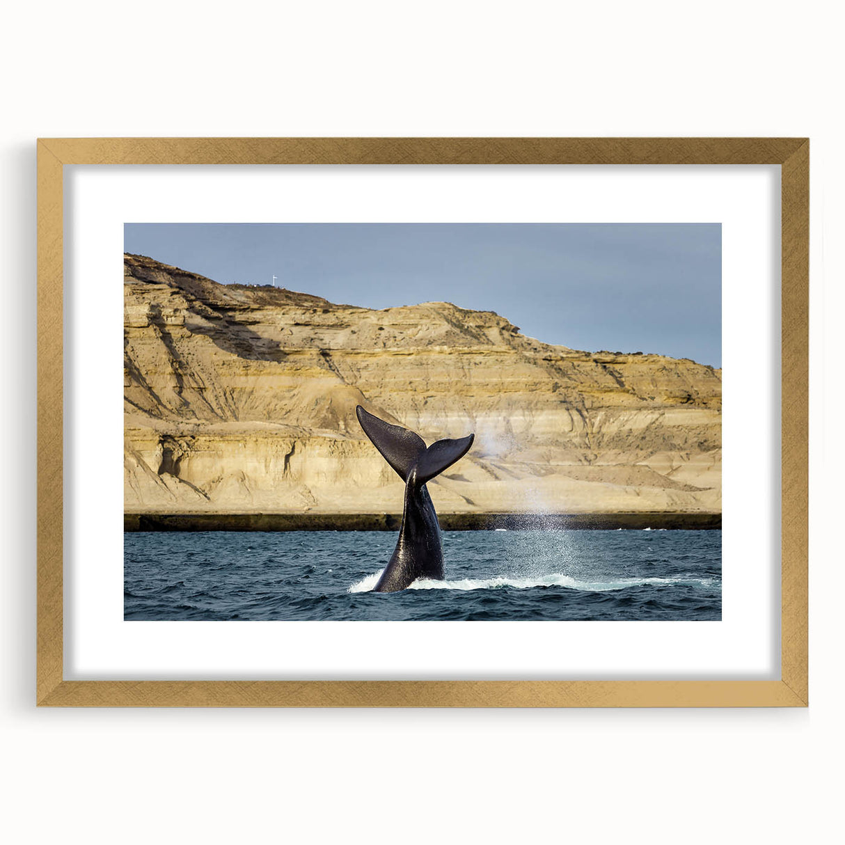 Extra large abstract art print featuring a textured scenery of Argentina in muted earth tones, framed in gold.