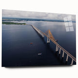 Large abstract wall art of a Brazilian landscape in vibrant greens and blues on acrylic glass.