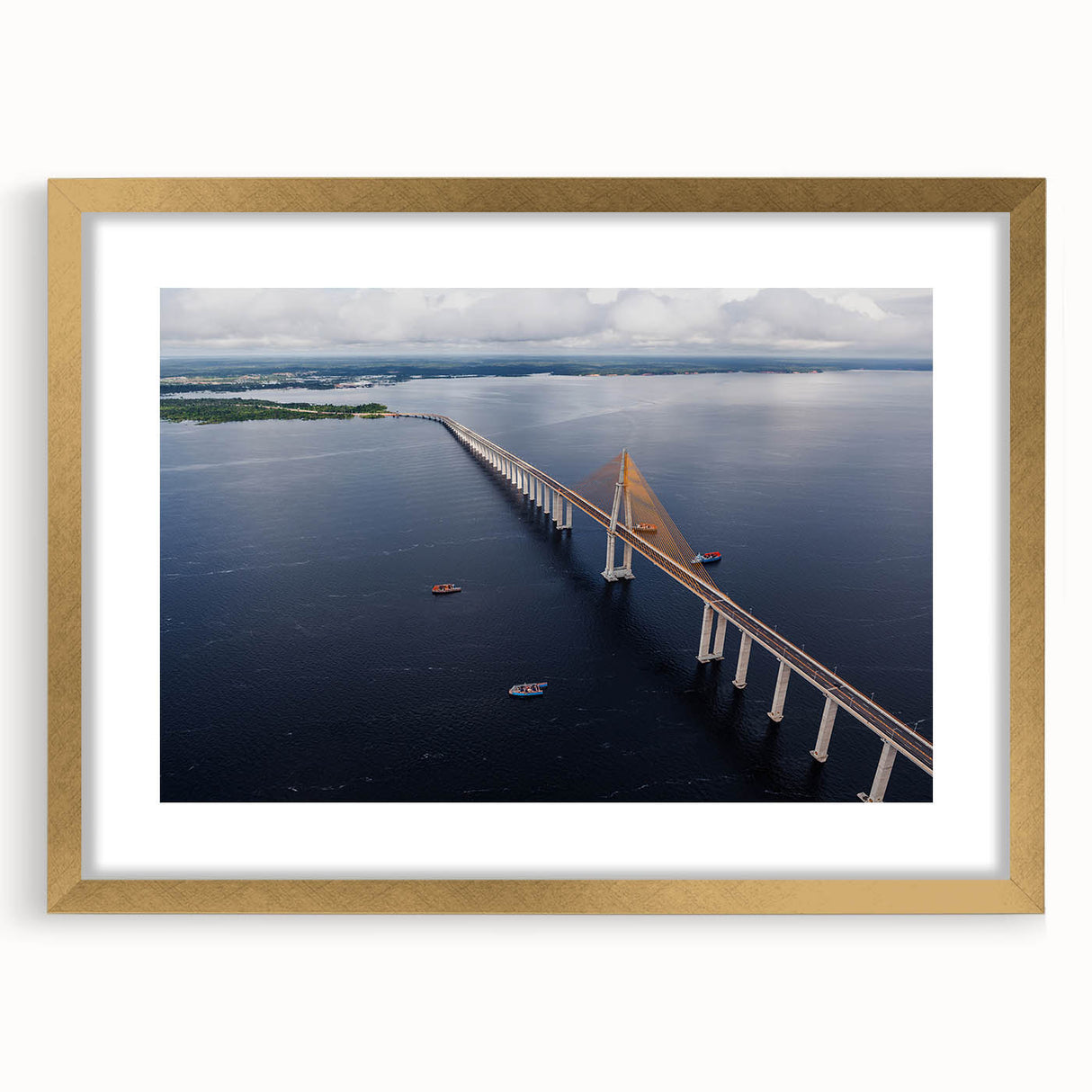 Extra large, textured abstract art print of a stylized Brazilian landscape in muted earth tones, framed in gold.