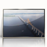 Mid-century modernist acrylic print of a South American scenery in muted earth tones, framed in silver.