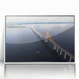 Art deco poster of a Brazilian landscape in muted green and blue tones, framed acrylic.