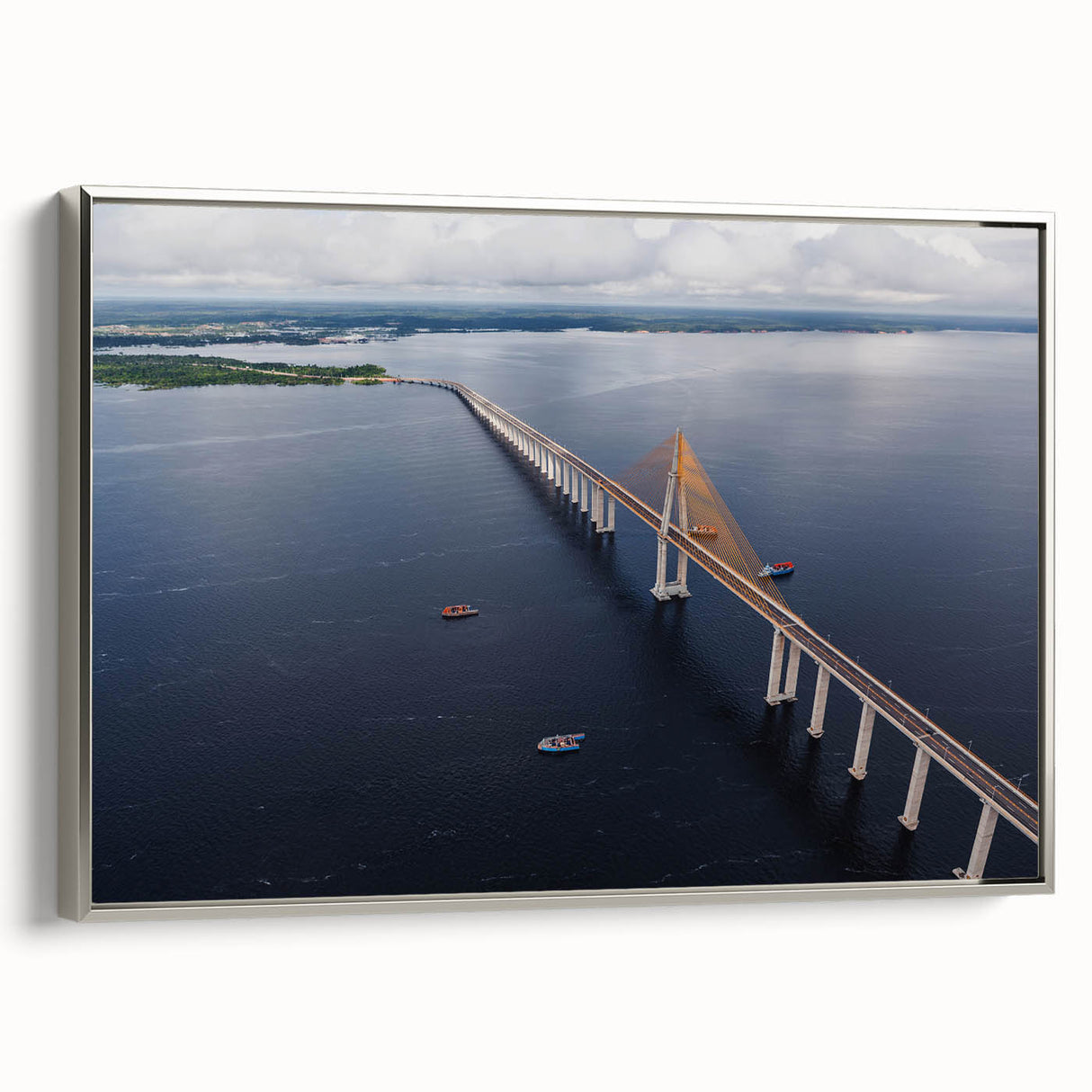 Landscape art painting of a Brazilian scenery on a framed canvas, featuring vibrant colors with a vintage poster art style.
