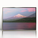 Mid-century modernist art depicting a serene Chilean landscape in muted earth tones, framed in silver acrylic.