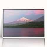 Art deco poster of a scenic South American landscape in Chile, with muted earth tones on a white framed acrylic.