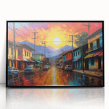 Large abstract wall art depicting a vibrant Colombian landscape in acrylic, framed in black.