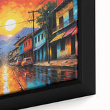 Extra large framed canvas featuring a textured, colorful depiction of a South American scenery in black wall art style.