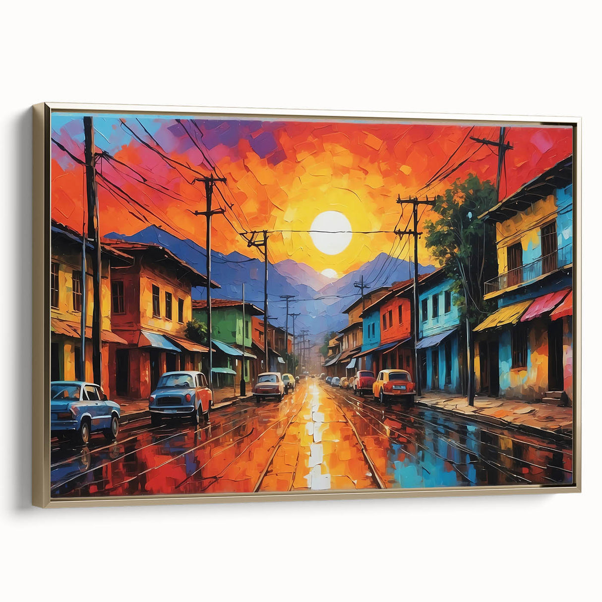 Framed canvas featuring a vintage-style landscape painting of a Colombian scenery in muted gold and black tones.