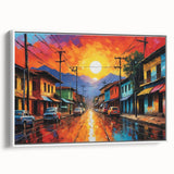 Vintage poster art of a colorful Colombian landscape on a framed canvas, ideal for living room decor.