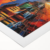 Art deco poster of a Colombian landscape, featuring muted earth tones on rolled canvas, suitable for dining room wall art.