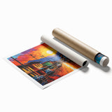 Extra large rolled print featuring a floral landscape in vibrant greens and blues.