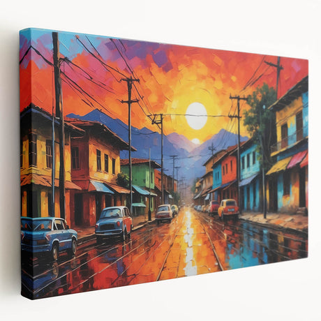 A stretched canvas print of a Colombian landscape featuring lush greenery and mountains, ideal for kitchen wall art.
