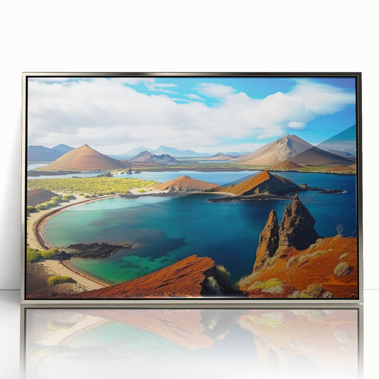 Mid-century modernist art of Galapagos scenery in muted tones on a silver-framed acrylic, ideal for nursery wall art.