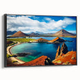 Black and white framed canvas of Galapagos landscape, ideal for bedroom wall art with a vintage poster style.