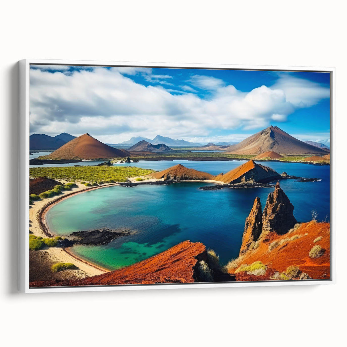 Vintage poster art of a Galapagos scenery on a framed canvas, featuring vibrant colors, ideal for living room decor.