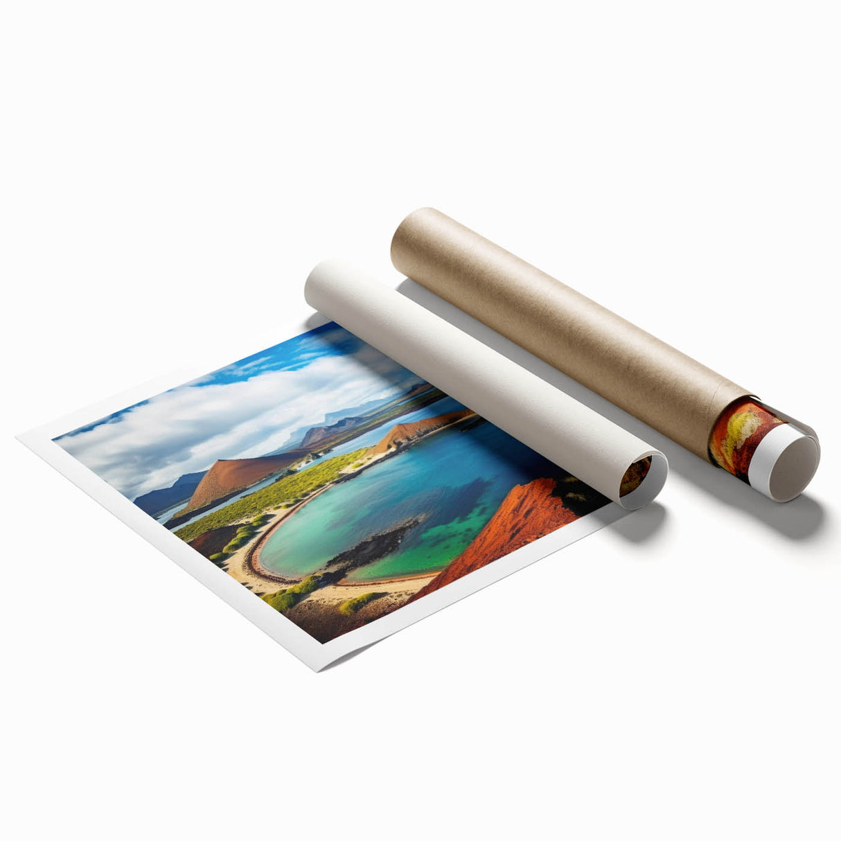 Extra large rolled print of Galapagos scenery with vibrant floral elements.