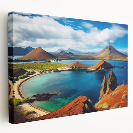 Large stretched canvas featuring a scenic Galápagos landscape with vibrant green and blue tones, ideal for kitchen wall art.
