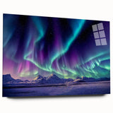 Large abstract depiction of Alaskan scenery in cool blue and gray tones on an acrylic glass.