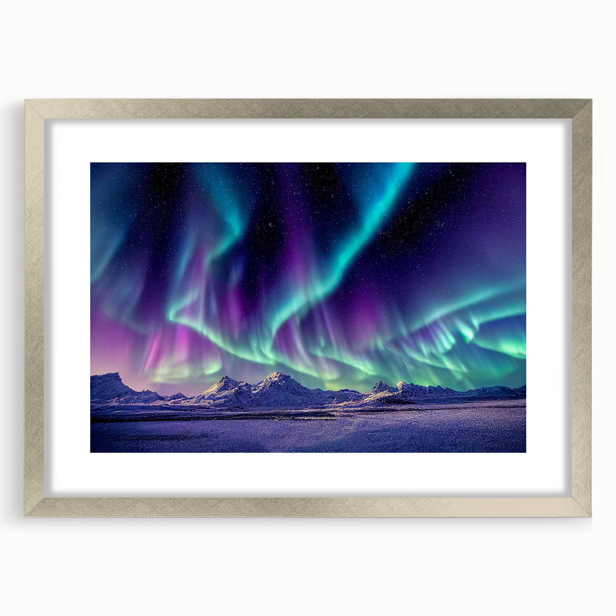 Textured abstract art print depicting a serene Alaskan landscape in muted gray and blue tones, framed in silver.