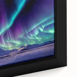 Close-up of a textured black wall art featuring a colorful Alaskan scenery on a framed canvas, ideal for living room decor.