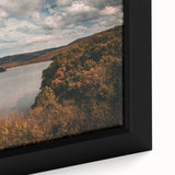 Close-up of a black framed canvas depicting textured, colorful Arkansas scenery, ideal for large living room walls.