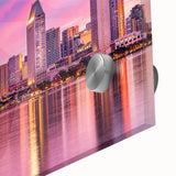 Large abstract depiction of San Diego scenery in vibrant colors on acrylic glass, suitable as dining room art.