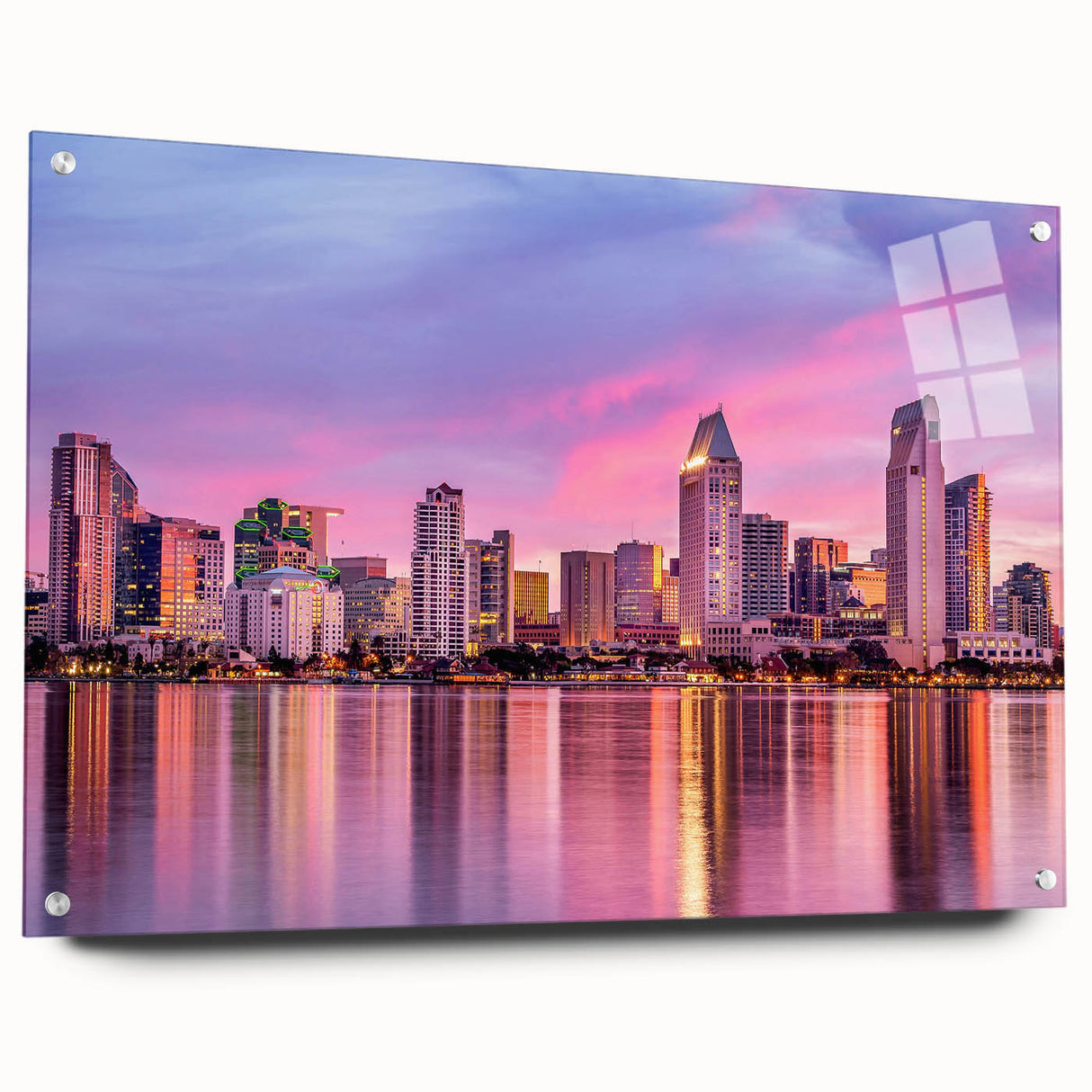 Acrylic print of a large abstract depiction of San Diego skyline in muted blue and orange tones.