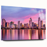 Acrylic print of a large abstract depiction of San Diego in muted blue and green tones, ideal for bedroom or dining room art.