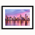Extra large abstract art print of a colorful, textured San Diego scenery on a black framed canvas.