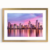 Extra large abstract art print depicting a textured San Diego scenery in muted earth tones, framed in gold.