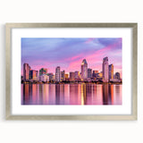 Textured abstract art print depicting San Diego scenery in muted gray tones, framed in silver, ideal for bedroom art.