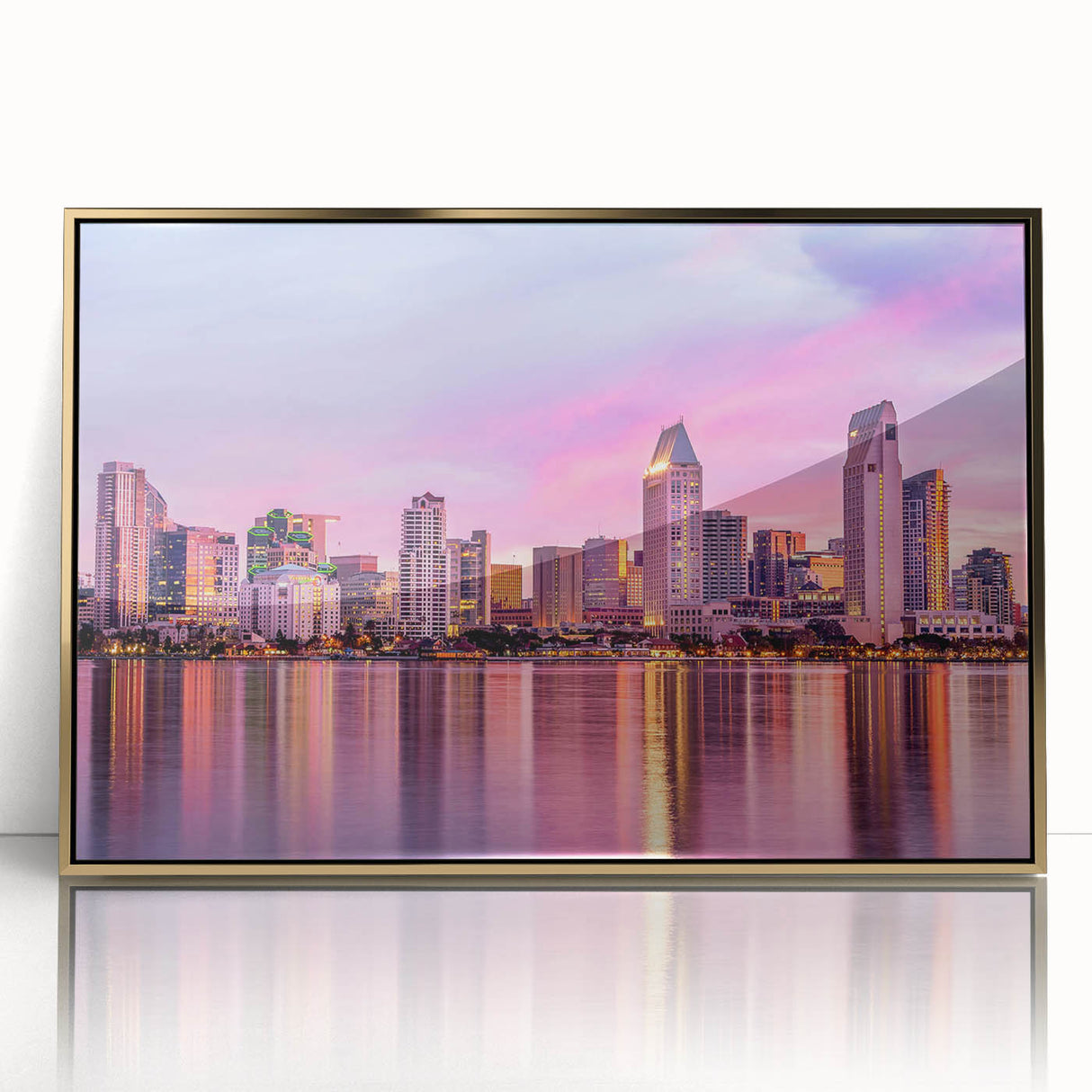 Acrylic print of San Diego scenery with golden hues in a mid-century modernist style, suitable for modern art wall decor.