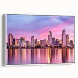 Framed canvas vintage poster art of San Diego scenery in colorful hues, ideal for living room decor.