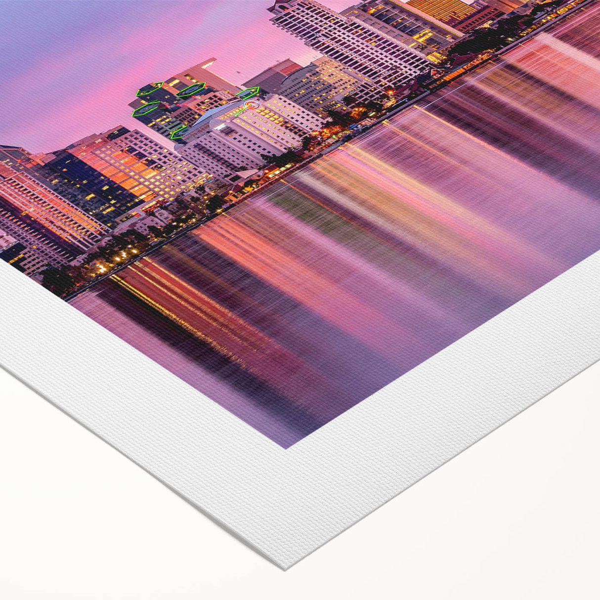 Art deco poster of San Diego skyline in muted blue tones on rolled canvas, suitable for dining room decor.