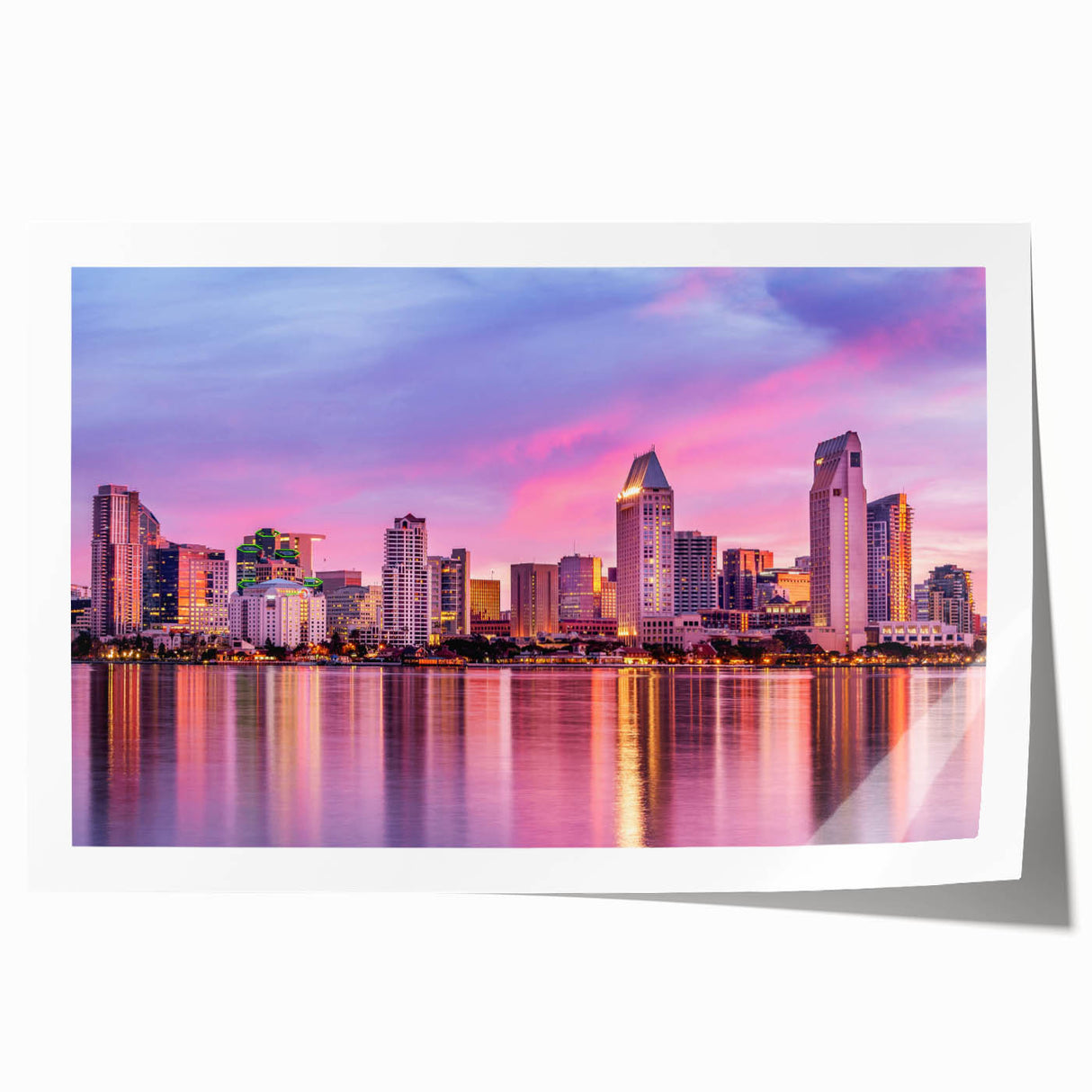 Extra large rolled print of San Diego scenery with floral elements in soft color palette.