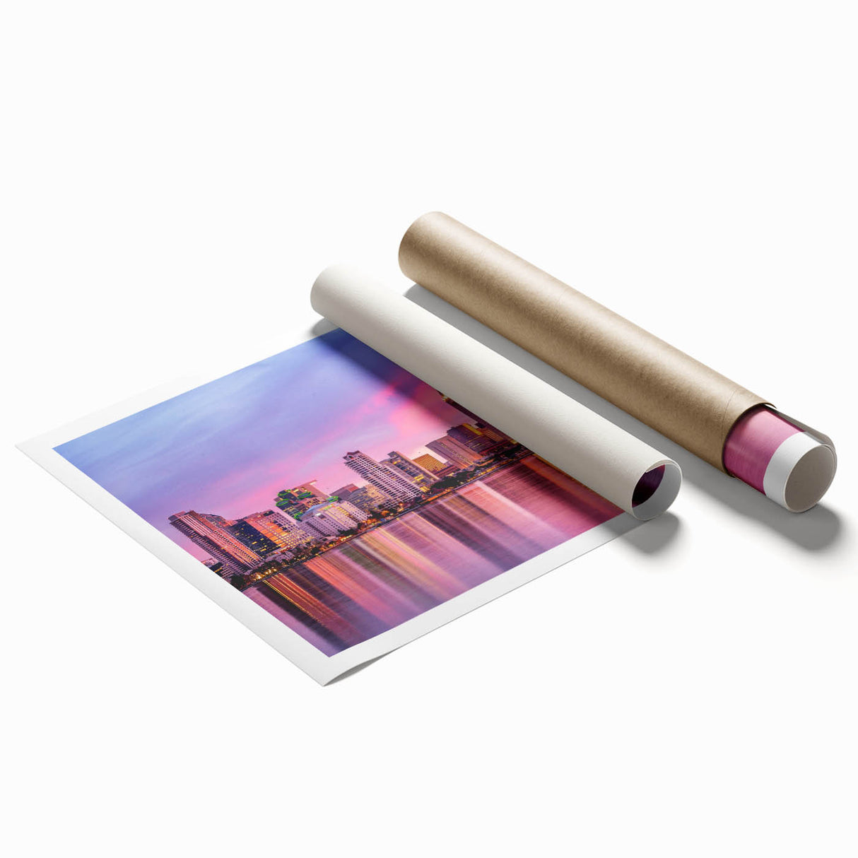 Extra large rolled print of San Diego scenery with floral elements in soft pastel shades, ideal for classy bathroom wall art.